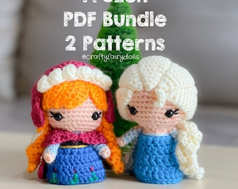PDF Bundle 2 Patterns Crochet Frozen Princess Doll Elsa and Anna Amigurumi Fairytale Princess in English