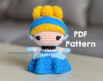 Patrón de amigurumi de muñeca Cenicienta de ganchillo, princesa de cuento de hadas en inglés