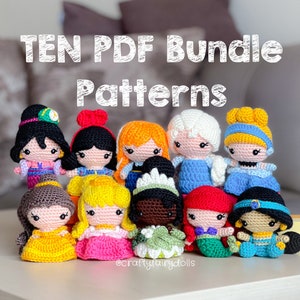 May include: A set of ten crochet princess doll patterns in PDF format. The dolls are all different colors and have different hairstyles. The patterns are available for download and can be used to create your own crochet princess dolls.