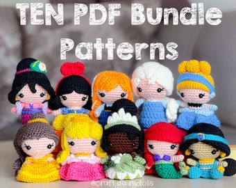 PDF Bundle 10 Patterns Crochet Princess Doll Cinderella Belle Jasmine Snow White Aurora Mulan Ariel Elsa Anna Tiana Fairytale in English