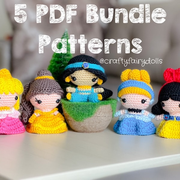 PDF Bundle 5 Patterns Crochet Princess Doll Cinderella Belle Jasmine Snow White Aurora Amigurumi Fairytale Princess in English