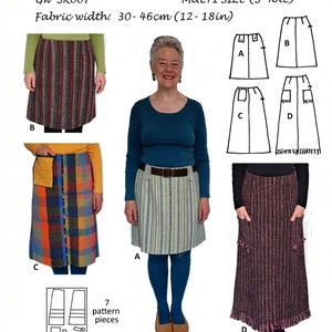 May include: A sewing pattern for four different skirts, with instructions for making them from hand-woven fabrics. The pattern includes seven pieces and is available in sizes S-XXL. The fabric width is 30-46cm (12-18in).