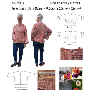 May include: A sewing pattern for a multi-size top, with a fabric width of 15 to 16 inches. The pattern includes three pieces and is designed for hand-woven fabrics. The image shows a model wearing the top, a close-up of the fabric being woven on a loom, and a diagram of the pattern pieces.