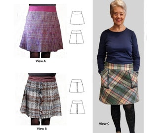 GW SK004 S-XL simple lined skirt cut sideways or on the bias, has yoke, optional pockets. 3 versions, variety of yarns, by Sarah Howard