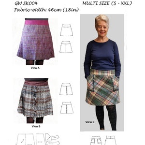 May include: A sewing pattern for a skirt with three different views. The pattern is for hand woven fabrics and includes instructions for making a skirt with a waistband, pockets, and a flared hem. The pattern is available in sizes S-XXL and requires 46 inches of fabric.