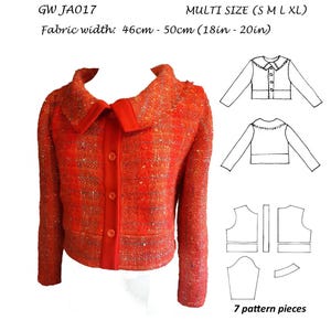 May include: An orange woven jacket with a red collar and button closure. The image includes sewing pattern diagrams and text that reads "GET WEAVING" and "ORIGINAL SEWING PATTERNS FOR HAND WOVEN FABRICS by Sarah Howard". Fabric width is 18in - 20in.