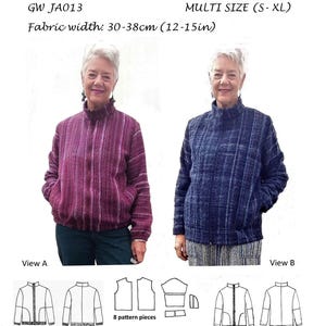 May include: Image of a sewing pattern titled "GET WEAVING" with two jacket examples, one in purple and one in blue. The pattern includes multi-size options (S-XL) and fabric width of 12-15 inches. The text "ORIGINAL SEWING PATTERNS FOR HAND WOVEN FABRICS by Sarah Howard" is also visible.