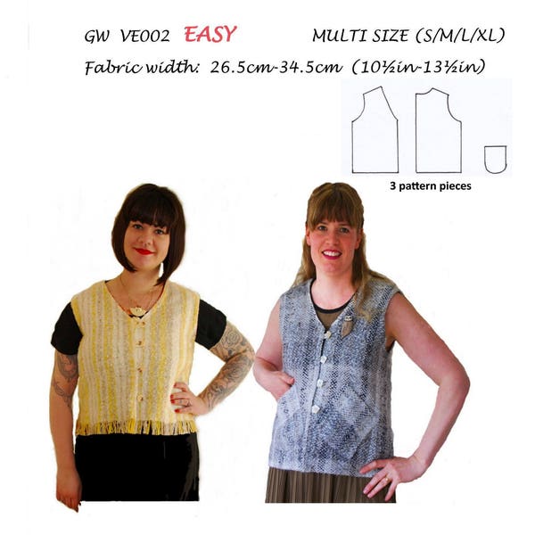 GW VE002 S-XL unlined vest, button + loop closure, fringed or pockets, sewing pattern for narrow rigid heddle woven fabric by Sarah Howard