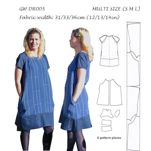 May include: Blue dress sewing pattern with the text "GET WEAVING". The pattern includes a multi-size design (S, M, L) and fabric width of 12/13/14 inches. The image shows a woman wearing the dress. The pattern is for hand woven fabrics.