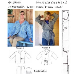 Op de afbeelding: Een naaipatroon voor een wikkeljas met twee verschillende versies. Het patroon bevat vijf onderdelen en is ontworpen voor handgeweven stoffen. Het patroon heet "Get Weaving" en is verkrijgbaar in de maten XS tot XL. De stofbreedte is 37 tot 46 cm (14,5 tot 18 inch).