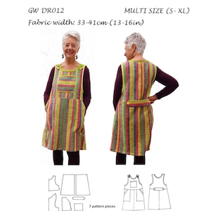 Könnte beinhalten: Ein Schnittmuster für ein ärmelloses Kleid mit Taschen. Das Schnittmuster ist für die Größen S-XL und benötigt 33-41 cm Stoff. Das Schnittmuster umfasst 7 Teile und ist für handgewebte Stoffe. Das Schnittmuster heißt "GW DR012" und ist von Sarah Howard.
