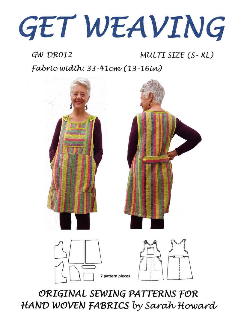 Op de afbeelding: Een naaipatroon voor een mouwloze jurk met zakken. Het patroon is voor maten S-XL en vereist 33-41 cm stof. Het patroon bevat 7 delen en is voor handgeweven stoffen. Het patroon heet "GW DR012" en is van Sarah Howard.