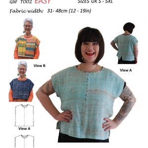 May include: A sewing pattern titled "Get Weaving" with the text "Easy" and sizes UK S-5XL. The fabric width is 12-19in. The image shows a woman wearing a light blue woven top. Also included are illustrations of the top and the text "Original Sewing Patterns for Hand Woven Fabrics by Sarah Howard."