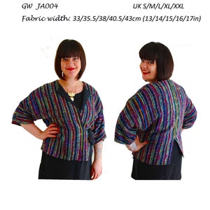 May include: A sewing pattern for a wrap top, designed for handwoven fabrics. The pattern is available in sizes S, M, L, XL, and XXL. The fabric width is 33, 35.5, 38, 40.5, or 43 cm (13, 14, 15, 16, or 17 inches).