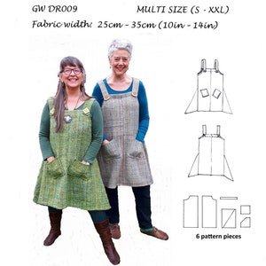 GW DR009 S-XXL Overhead, unlined pinafore dress with godets, shoulder straps with button decoration and patch pockets by Sarah Howard