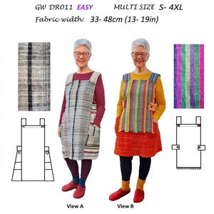 May include: Two women model a handwoven apron sewing pattern. The pattern is called "Get Weaving" and is available in sizes S-4XL. The fabric width is 33-48cm (13-19in).