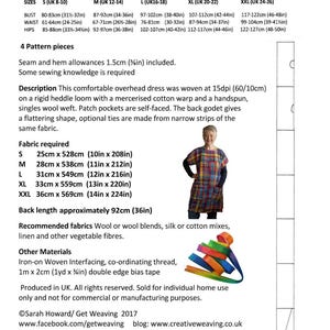 GW DR003 S-XXL Overhead dress pattern for hand woven fabric by Sarah Howard, yoke/ sleeve in one, patch pockets, back godet, optional ties image 2