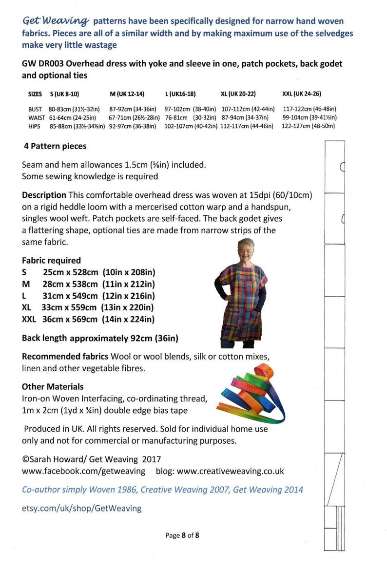 GW DR003 S-XXL Overhead dress pattern for hand woven fabric by Sarah Howard, yoke/ sleeve in one, patch pockets, back godet, optional ties image 2