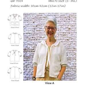 May include: A sewing pattern for a jacket or cardigan, with instructions for hand woven fabrics. The pattern is called "Get Weaving" and is for sizes S-3XL. The fabric width is 12-17 inches.