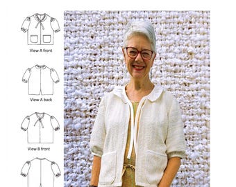 GW T024 S-3XL jacket or top have short, sleeves gathered onto a bias band. Neck tied with bias ribbon; View A has collar and lined pockets.