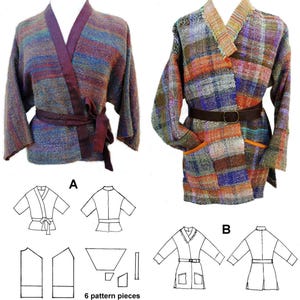 May include: Two different styles of jackets with a plaid pattern. The jackets are made of woven fabric and have a wrap-around design. The jackets are shown with a pattern diagram and the text "6 pattern pieces".