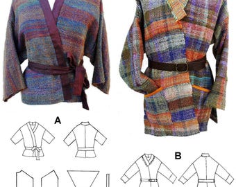 GW JA001 S-XXL 4 panel wrap jacket in 2 lengths, 2 sleeve lengths, contrast bands, belt, from narrow, hand woven fabric by Sarah Howard