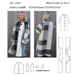 May include: A multi-sized sewing pattern for a coat, featuring a woman wearing the finished garment. The coat is a patchwork design in black, white, and brown. The pattern includes fabric width measurements of 15/16/17 inches and the text "GET WEAVING".