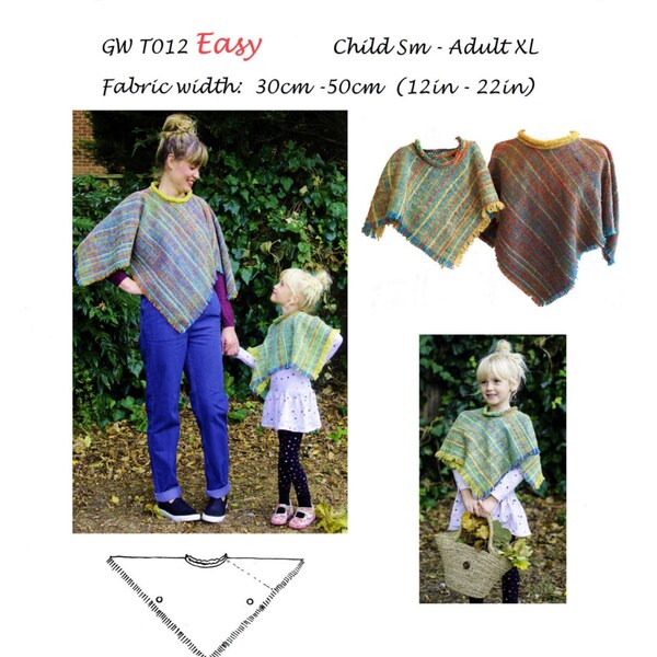 GW T012 Poncho for Children and Adults. Original sewing pattern for narrow hand woven fabric by Sarah Howard