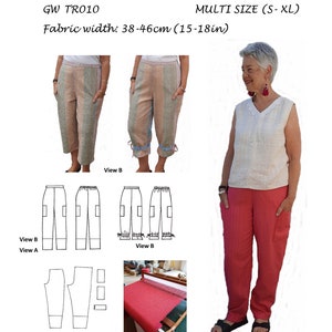 May include: A sewing pattern for pants with a fabric width of 15-18 inches. The pattern includes five pieces and two views. The pattern is for handwoven fabrics. The image also shows a woman wearing a pair of red pants made from the pattern.