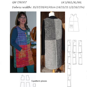 May include: A sewing pattern for a sleeveless dress with a pocket. The pattern is for handwoven fabrics and includes five pattern pieces. The pattern is available in sizes S, M, L, XL, and XXL. The fabric width is 35/37/39/41/43cm (14/15/15 1/2/16/17in).