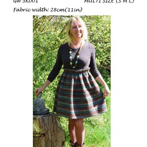 May include: A sewing pattern for a skirt made from handwoven fabric. The pattern is called "Get Weaving" and is available in multiple sizes. The fabric width is 28 inches.
