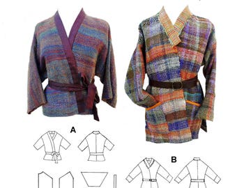 GW JA001 S-XXL 4 panel wrap jacket in 2 lengths, 2 sleeve lengths, contrast bands, belt, from narrow, hand woven fabric by Sarah Howard