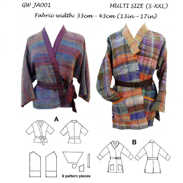 GW JA001 S-XXL 4 panel wrap jacket in 2 lengths, 2 sleeve lengths, contrast bands, belt, from narrow, hand woven fabric by Sarah Howard