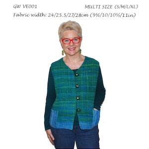 May include: A sewing pattern for a vest made from handwoven fabric. The pattern is called "Get Weaving" and is available in multiple sizes. The fabric width is 24, 25.5, 27, or 28 cm (9 1/2, 10, 10 1/2, or 11 inches).