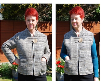 GW VE003 S/M/L lined handwoven bodywarmer or jacket with collar, patch pockets and front zip, optional tab+ button by Sarah Howard