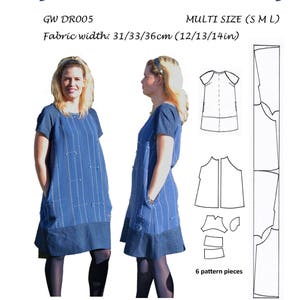 May include: A sewing pattern for a dress with short sleeves. The pattern is for sizes small, medium, and large. The fabric width is 31/33/36 cm (12/13/14 inches). The pattern includes 6 pieces. The pattern is for hand woven fabrics.