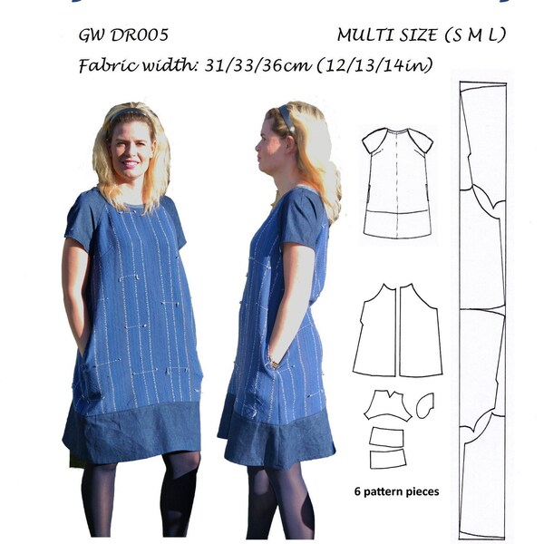 GW DR005 S-XL raglan sleeve dress sewing pattern for handwoven fabric has pockets, contrast sleeves, lower bands and neck band