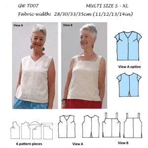 May include: A sewing pattern for a sleeveless top with a V-neck and a square neck. The pattern is available in sizes S-XL and requires 28-35 cm (11-14 inches) of fabric width. The pattern includes 6 pieces and is designed for hand woven fabrics.