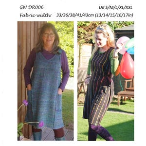 以下が含まれることがあります： 手織り生地用の「GET WEAVING」というタイトルのソーイングパターンの画像。パターンには2つのドレスデザインが含まれています。生地幅は33/36/38/41/43cmです。「ORIGINAL SEWING PATTERNS FOR HAND WOVEN FABRICS by Sarah Howard」というテキストも表示されています。