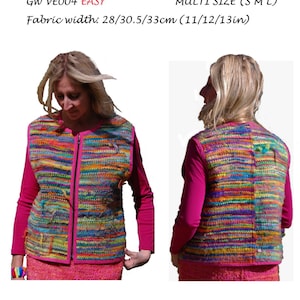 May include: A sewing pattern for a vest made from handwoven fabric. The pattern is called "Get Weaving" and is labeled "GW VE004 EASY". The pattern is available in multiple sizes (S, M, L) and requires fabric that is 28/30.5/33cm (11/12/13in) wide.