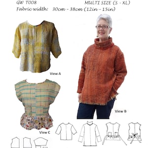 以下が含まれることがあります： 手織り生地用の縫製パターン。黄とグレーのトップス、錆色のタートルネック、柄付きフリル付きトップの3つの衣服ビューがあります。生地幅は30〜38cmです。パターンには5つのピースが含まれています。