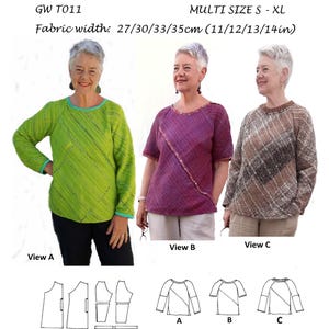 May include: A sewing pattern titled "Get Weaving" with three garment views. The pattern includes sizes S-XL and fabric widths of 11/12/13/14 inches. The image also shows pattern pieces and the text "Original Sewing Patterns for Hand Woven Fabrics by Sarah Howard."