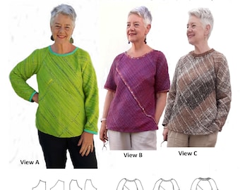 GW T011 S-XL Instant Download- please read description box before ordering. Bias top, 2 sleeve lengths, side slits, knitted neckband option