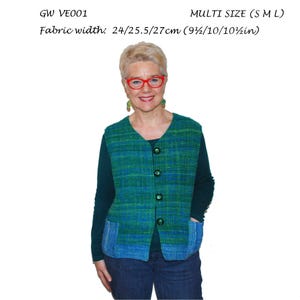 May include: Image of a woman wearing a green and blue woven vest with pockets. The text "GET WEAVING" is at the top. The fabric width is 9½/10/10½ inches. The text "ORIGINAL SEWING PATTERNS FOR HAND WOVEN FABRICS by Sarah Howard" is at the bottom.