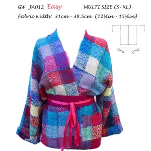 GW JA012 sewing pattern S-XL for narrow hand woven fabric. Simple, easy to make kimono style jacket with contrast belt by Sarah Howard
