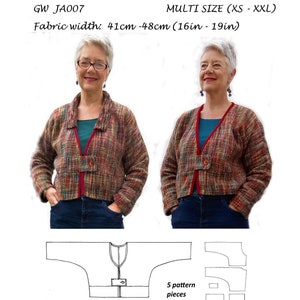 GW JA007 XS-XXL, unlined jacket sewing pattern for narrow, hand woven fabric, knitted collar option. Original pattern from Sarah Howard