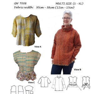May include: Five sewing patterns for handwoven fabrics, including a yellow and blue top, a red top, and a green and white top. The patterns are for sizes small to extra large and require a fabric width of 12 to 15 inches.