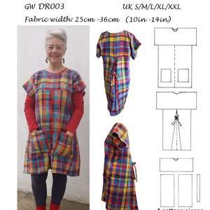 GW DR003 S-XXL Overhead dress pattern for hand woven fabric by Sarah Howard, yoke/ sleeve in one, patch pockets, back godet, optional ties