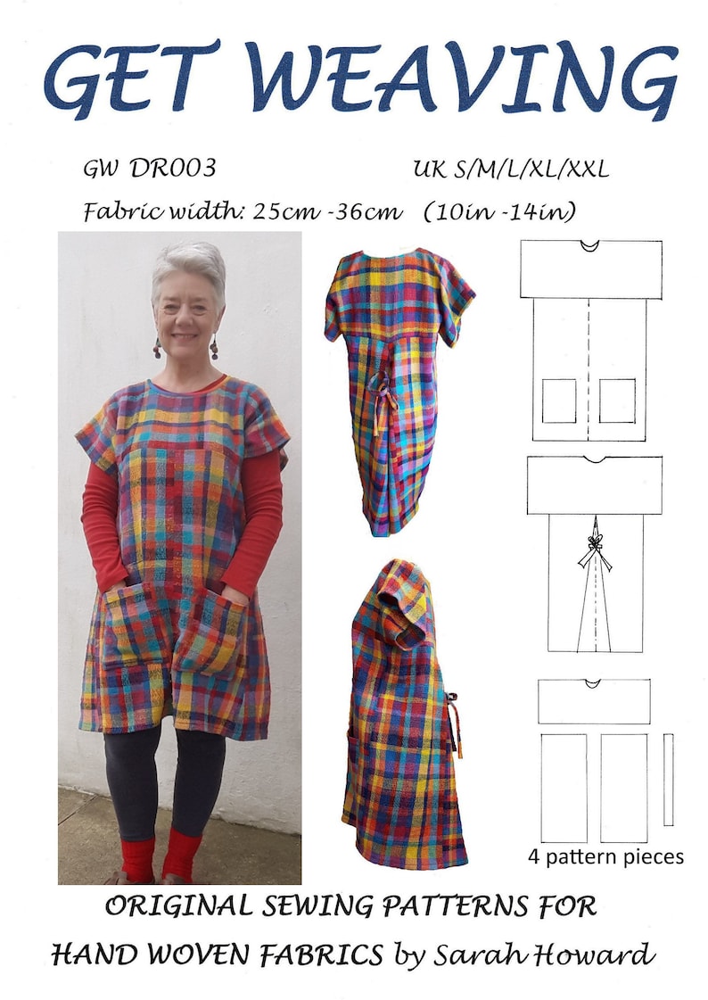 GW DR003 S-XXL Overhead dress pattern for hand woven fabric by Sarah Howard, yoke/ sleeve in one, patch pockets, back godet, optional ties image 1