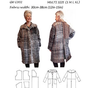 May include: A sewing pattern for a woven coat, featuring front and back views of the coat. The coat is a mix of black, gray, and brown woven fabric. The text "GET WEAVING" and "ORIGINAL SEWING PATTERNS" are displayed.